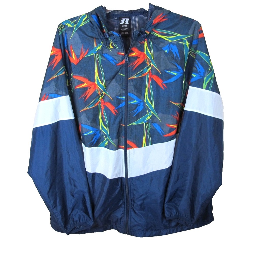 Russell Full Zip Hooded Windbreaker Jacket Men's XL Blue Floral Print‎